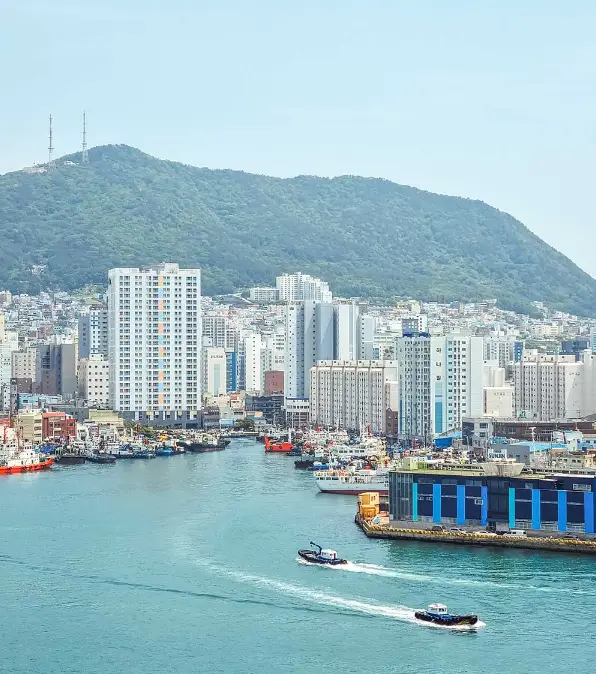 Amigos em vista de praia e cidade em Busan, Coreia do Sul